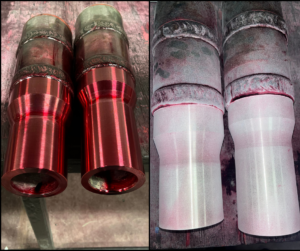 Side by Side of two steps in the liquid penetrant inspection process. This inspection services helps to showcase impurities and cracks.